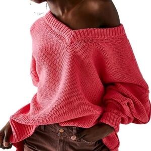 NWT FREE PEOPLE alli V neck chunky oversized sweater strawberry spritz size L
